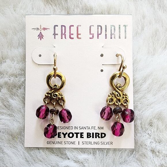 NEW Peyote Bird Gold and Dark Purple Amethyst Cluster Gemstone Dangle Earrings - Picture 1 of 9